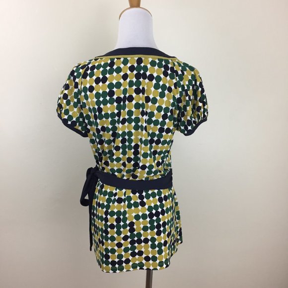 BCBGMAXAZRIA Multi Color Dots Style Print Belted Short Sleeve Wrap Shirt Top - Picture 6 of 9